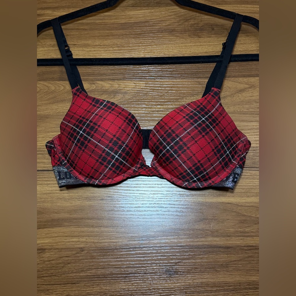 SO Red Plaid Push-Up Bra with Black Straps